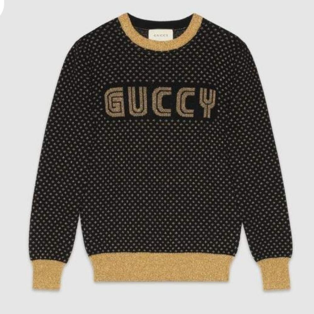 Gucci Black Patterned Gold Lurex Knit Guccy Sega Sweater Size XS New NWT